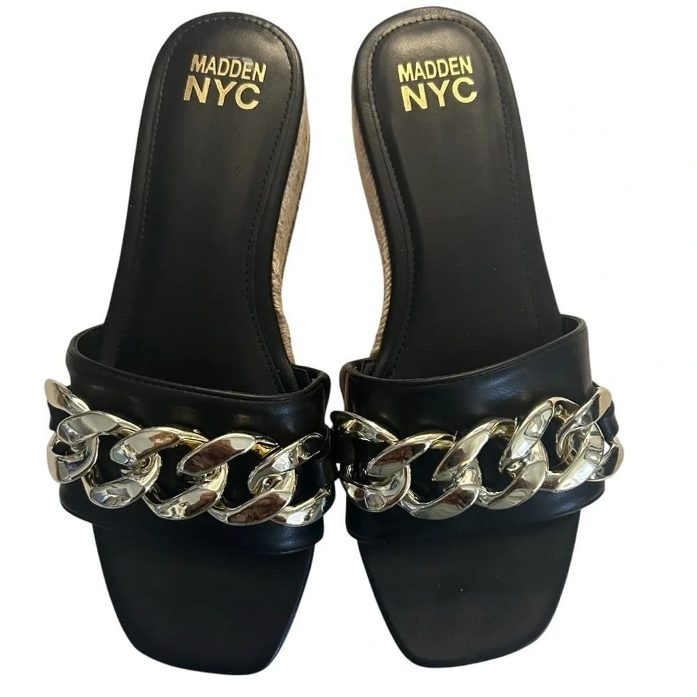 Madden NYC Wedge Silver Toned Chain Espadrille Slide Sandals Sz 9